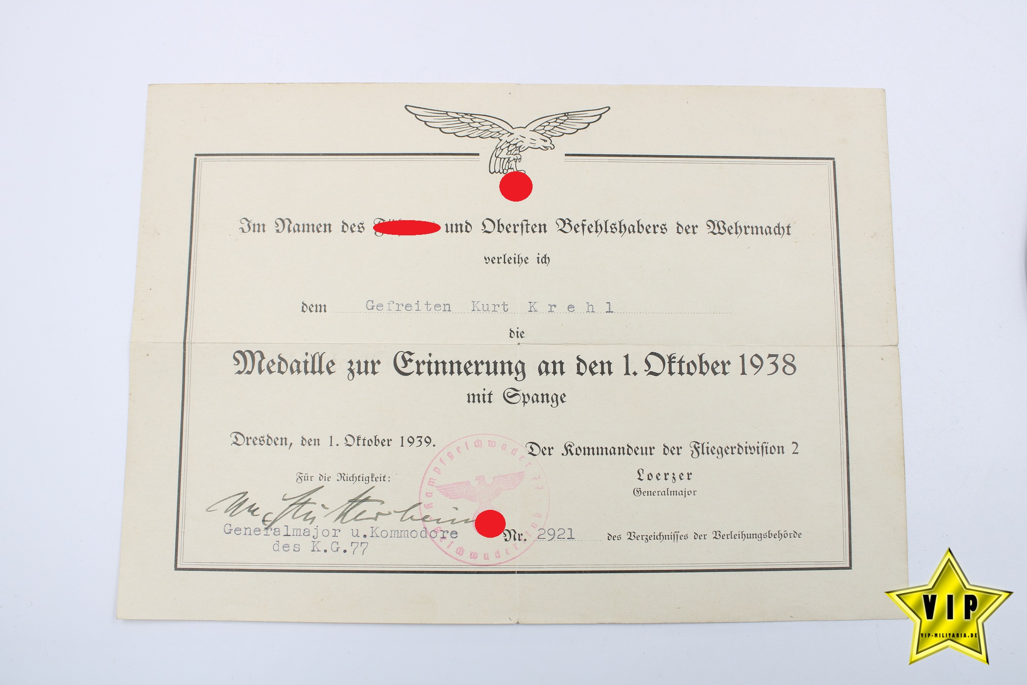 Medaille 1. Oktober Sudetenland Anschlussmedaille Einzelspange + Urkunde