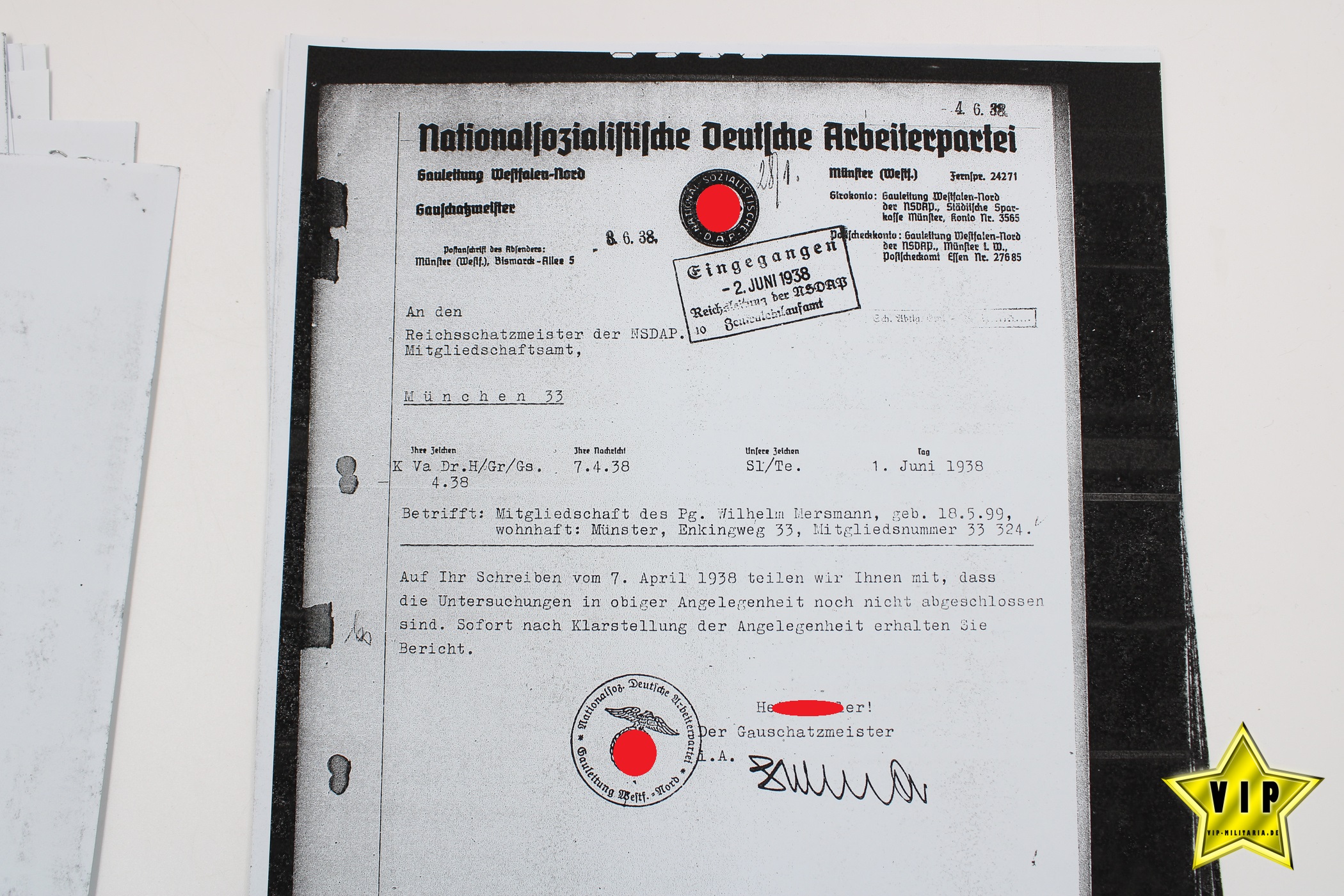 Goldenes Parteiabzeichen Ehrenzeichen der NSDAP Ortsgruppenleiter Wilhelm Mersmann