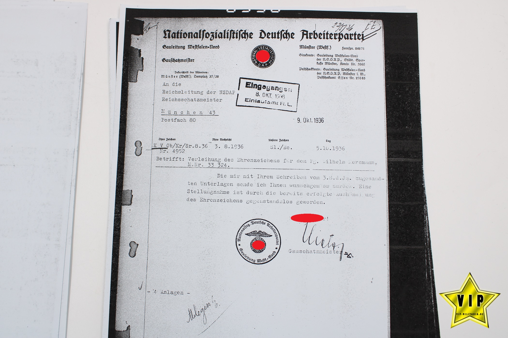 Goldenes Parteiabzeichen Ehrenzeichen der NSDAP Ortsgruppenleiter Wilhelm Mersmann